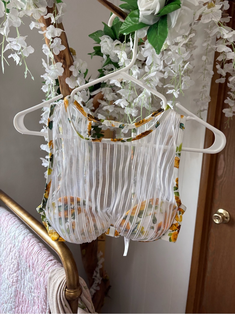 Onia White Sheer Striped Bralette swim top with Yellow Floral Trim 🌻